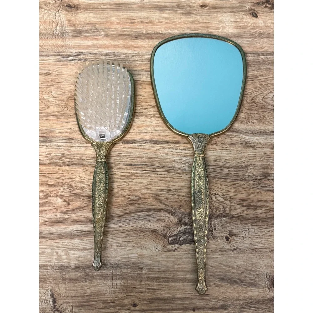 Vintage 1950s Gold Vanity Hand Mirror & Hairbrush Set Coquette Princess Core